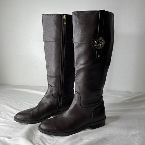 Tommy Hilfiger Boots Womens Size 8.5M Brown Knee High Riding Equestrian Logo Zip - Picture 1 of 8